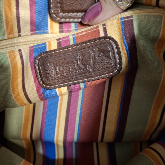 Fossil Key Per Tan Rattan and Brown Leather Woven Tote Bag 13x9 - Picture 14 of 16